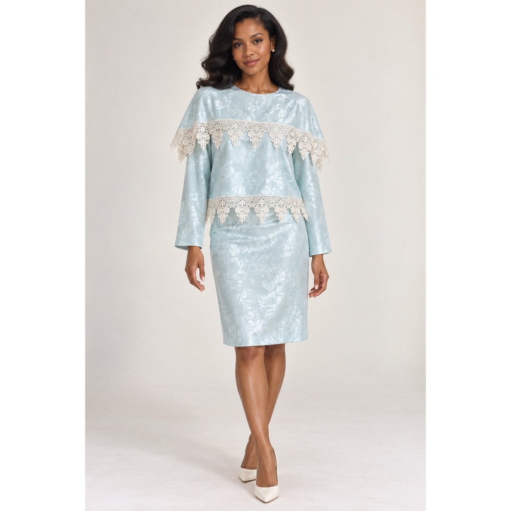 Vintage Two Piece Skirt Set Women M Light Blue Floral Jacquard Lace Trim Cottage